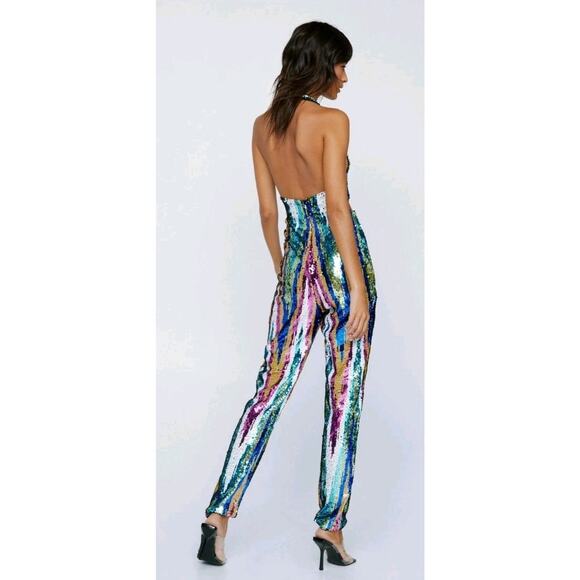 NWT Nasty Gal Stripe Sequin Halterneck Cut Out Jumpsuit Size 8 - Picture 3 of 8